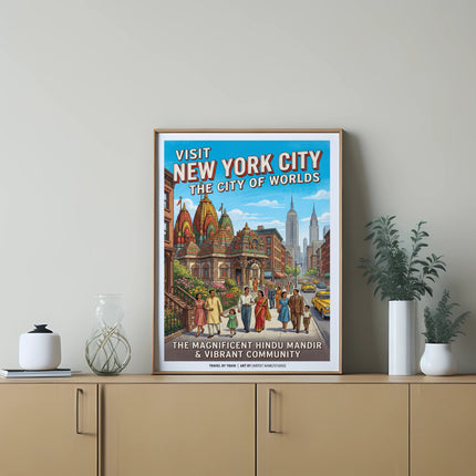 New York City travel poster featuring Hindu mandir and city skyline.