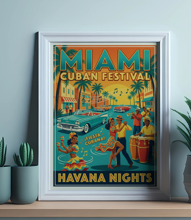 Framed poster for Miami Cuban Festival, Havana Nights, featuring dancers and musicians.