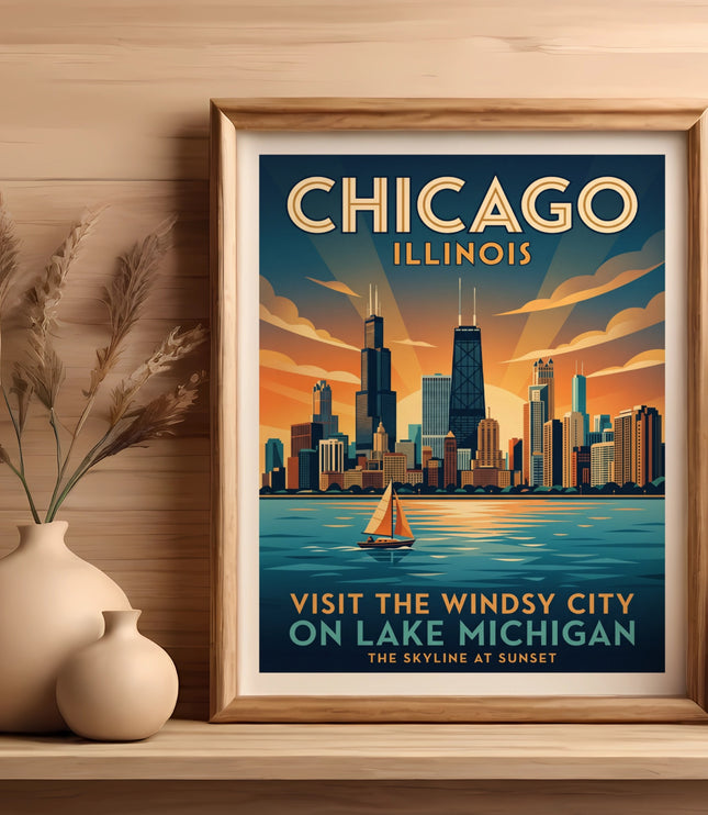 Vintage travel poster of Chicago skyline with text "Visit the Windy City on Lake Michigan".