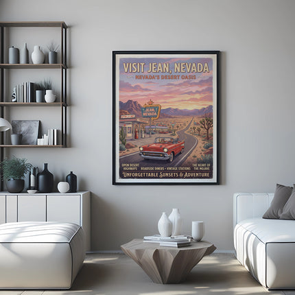 Vintage travel poster for Jean, Nevada, featuring a red convertible and desert scenery.