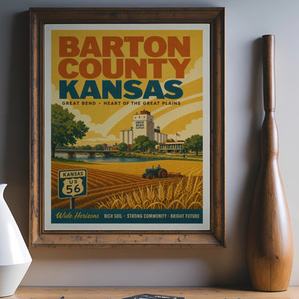 Barton County Kansas vintage travel poster with fields, farm, and highway sign.
