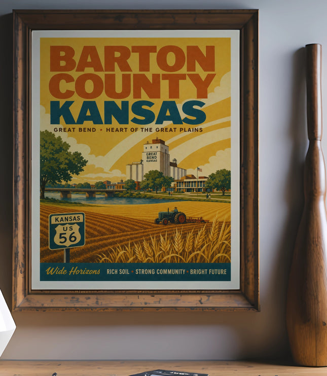 Barton County Kansas vintage travel poster with fields, farm, and highway sign.