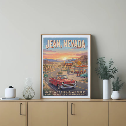 Vintage Jean, Nevada poster with retro diner, Shell station, and classic car.