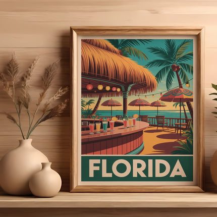 Framed art print of a Florida beach bar scene with palm trees and drinks.