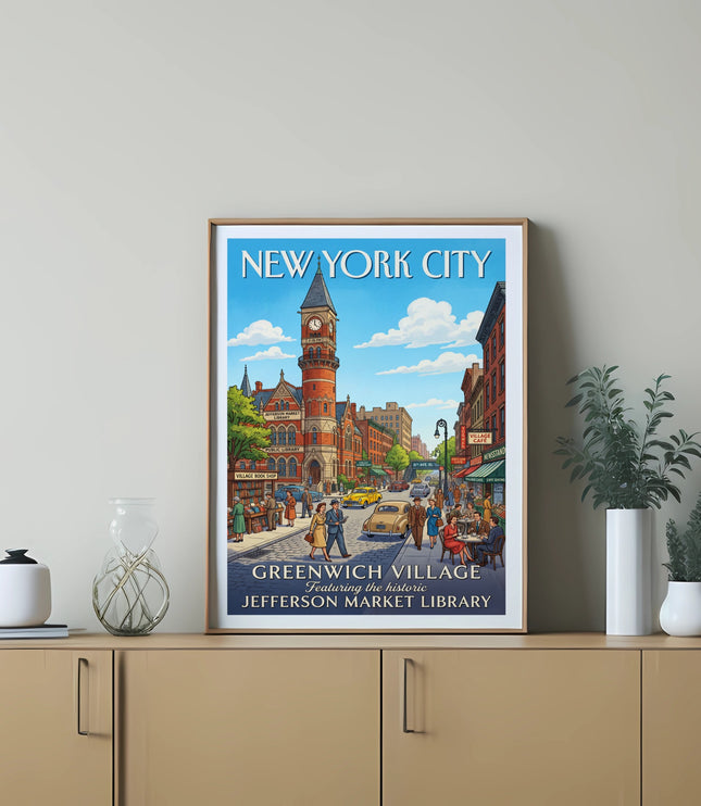 New York City Greenwich Village historic Jefferson Market Library vintage travel poster.