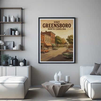 Vintage style travel poster of Greensboro, North Carolina with town buildings and cars.