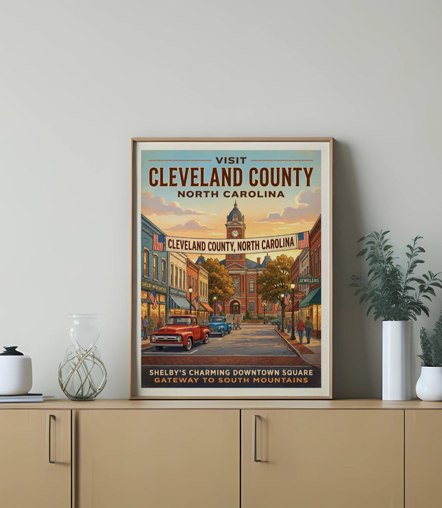 Vintage poster of Cleveland County North Carolina, featuring courthouse and downtown square.