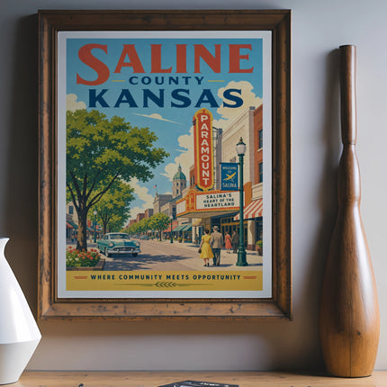 Vintage Saline County Kansas poster with Salina's Paramount Theatre and downtown street scene.
