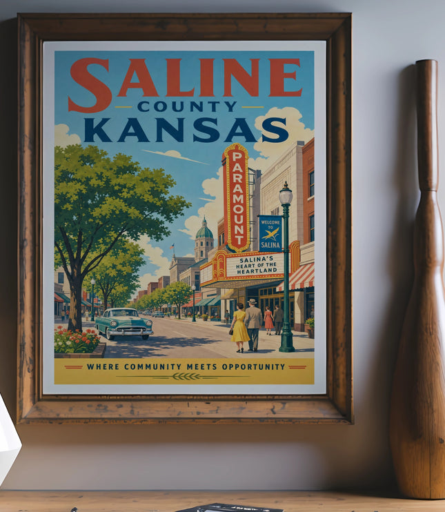 Vintage Saline County Kansas poster with Salina's Paramount Theatre and downtown street scene.