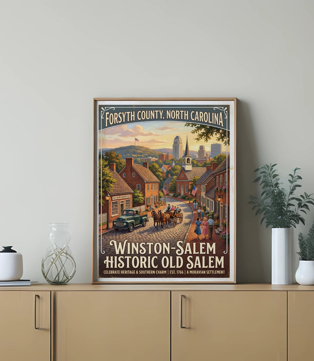 Winston-Salem Historic Old Salem poster depicting a cobblestone street with a horse-drawn carriage and vintage truck.