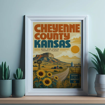 Cheyenne County Kansas travel poster with sunflowers, buttes, and a road.