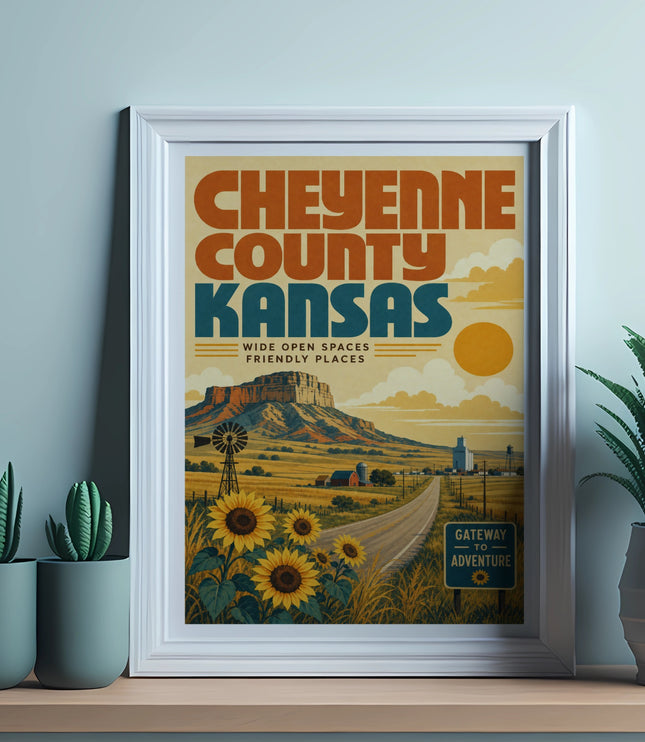 Cheyenne County Kansas travel poster with sunflowers, buttes, and a road.