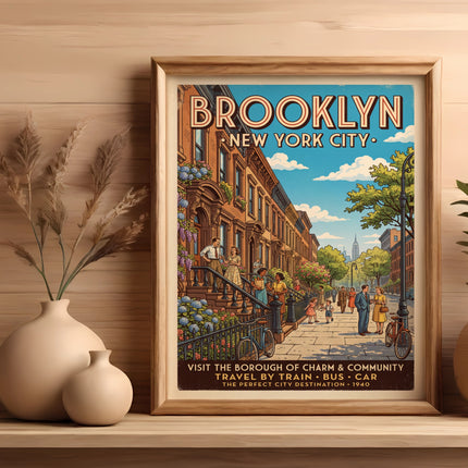 Vintage Brooklyn New York City travel poster with diverse people on street.