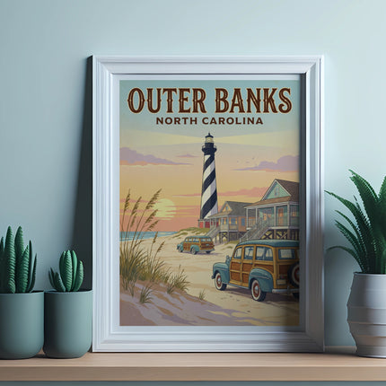 Outer Banks North Carolina poster with a lighthouse, beach houses, and vintage cars.