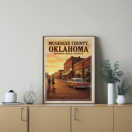 Poster: Muskogee County, Oklahoma Historic Brick Streets, vintage car, sunset.