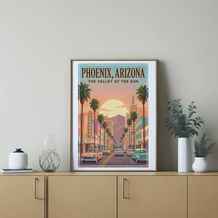 Poster of Phoenix, Arizona with vintage cars, palm trees, and buildings at sunset.