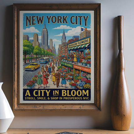 Vintage "New York City: A City in Bloom" poster with floral illustrations and city street scene.