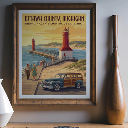 Ottawa County, Michigan vintage poster with lighthouses, pier, car, and couple.