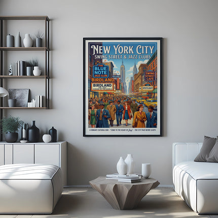 New York City Swing Street & Jazz Clubs vintage travel poster.