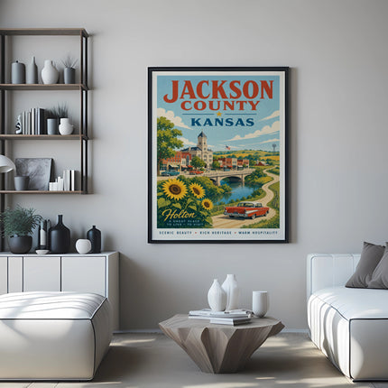 Jackson County Kansas vintage travel poster with "Holton" and scenic illustrations.