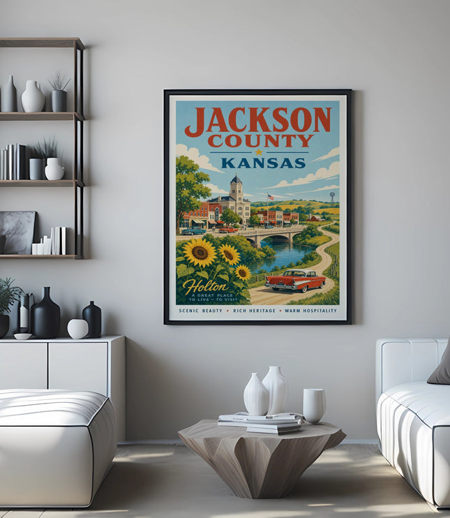 Jackson County Kansas vintage travel poster with "Holton" and scenic illustrations.