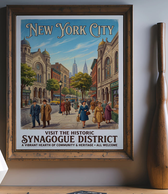 New York City Synagogue District vintage travel poster featuring buildings and people.