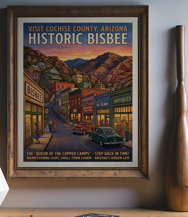 Historic Bisbee vintage travel poster, showing a hilly street with buildings and cars.