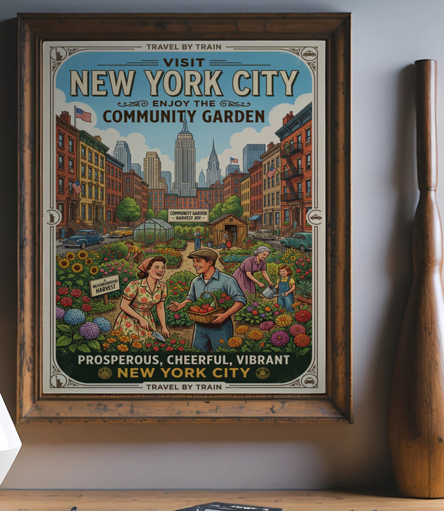 Vintage style poster with the text "Visit New York City Community Garden" and city skyline.