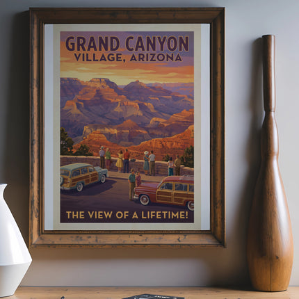 Grand Canyon Village, Arizona vintage travel poster with people and cars.