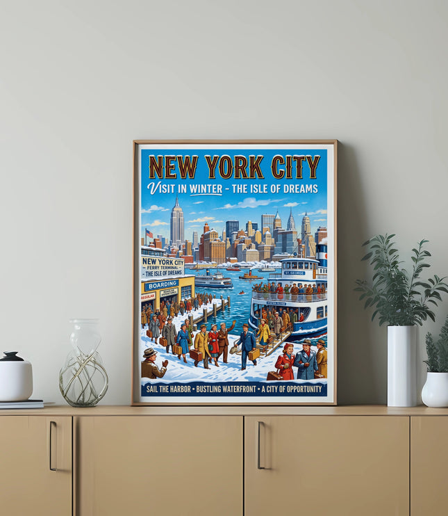 New York City vintage winter travel poster with skyline and ferry terminal.