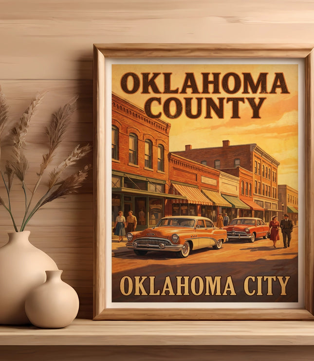 Vintage "Oklahoma County, Oklahoma City" poster with cars and buildings.