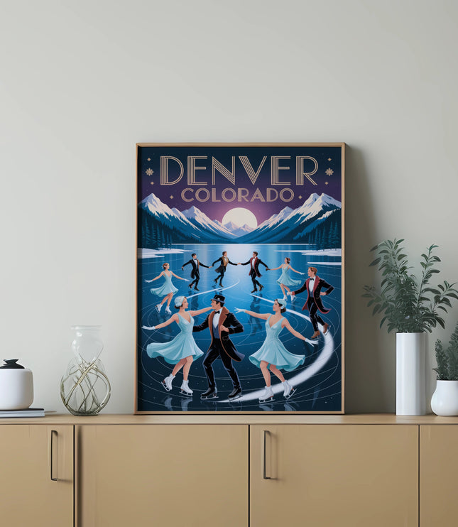 Denver, Colorado ice skaters in front of snowy mountains on a poster.