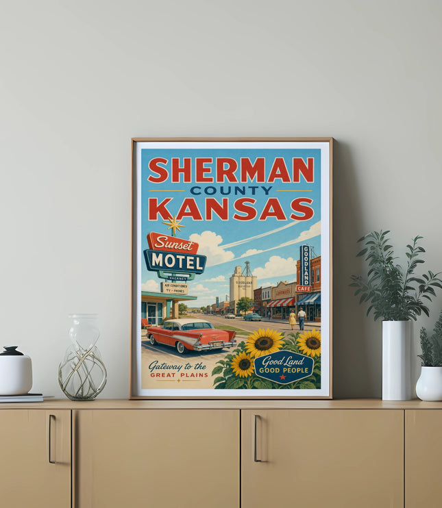 Sherman County Kansas Sunset Motel sign with a vintage car and sunflowers.