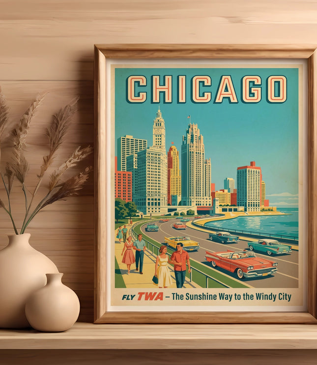 "CHICAGO" text over a retro travel poster of city skyline with cars and people.