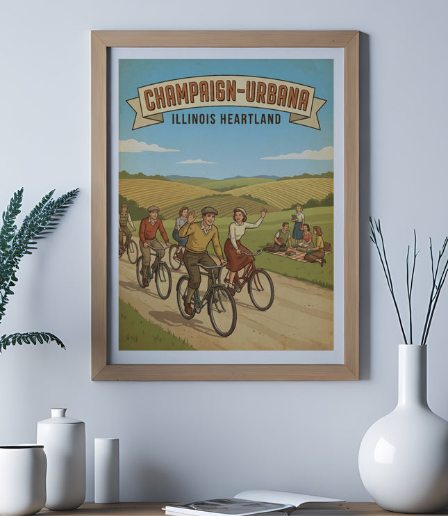 Champaign-Urbana Illinois Heartland vintage poster art with people bicycling and picnicking.