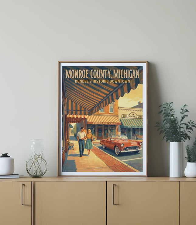Monroe County, Michigan poster featuring Dundee's historic downtown with a couple and classic car.