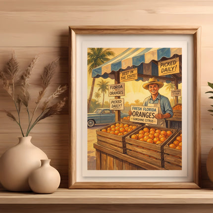 Man holds sign for fresh Florida oranges at a roadside stand.