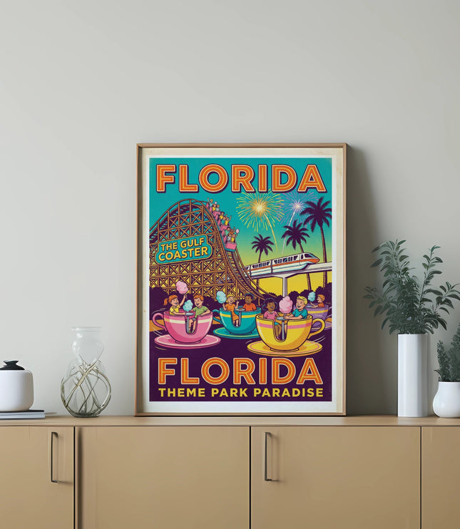 Retro Florida theme park poster with roller coaster and teacup ride.