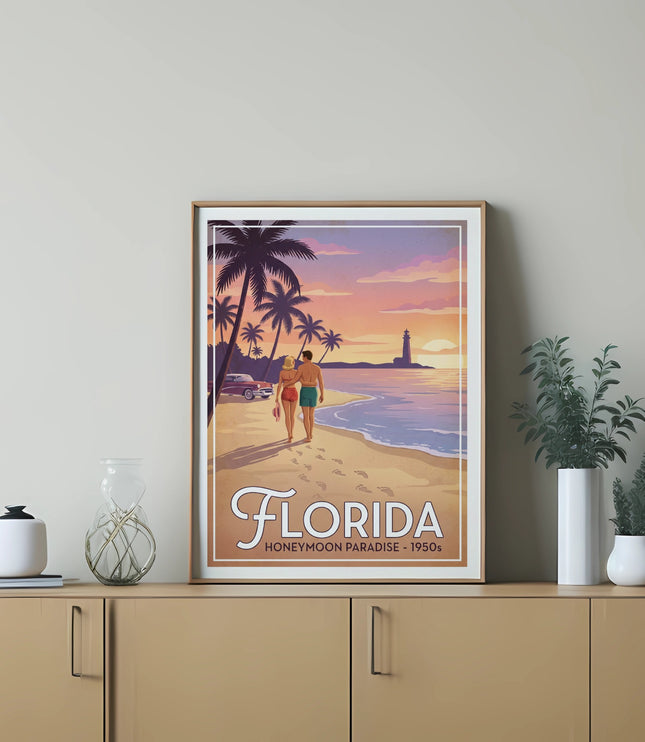 Retro Florida Honeymoon Paradise 1950s travel poster with couple on beach.