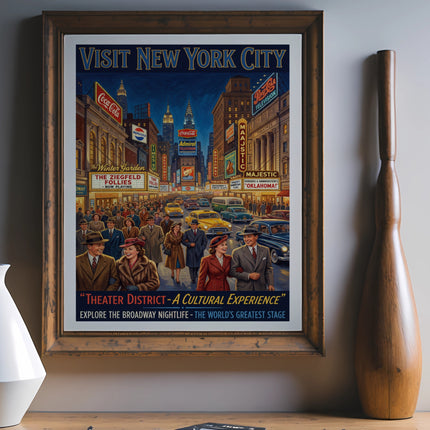 Vintage New York City poster with Broadway theaters and "Oklahoma!"