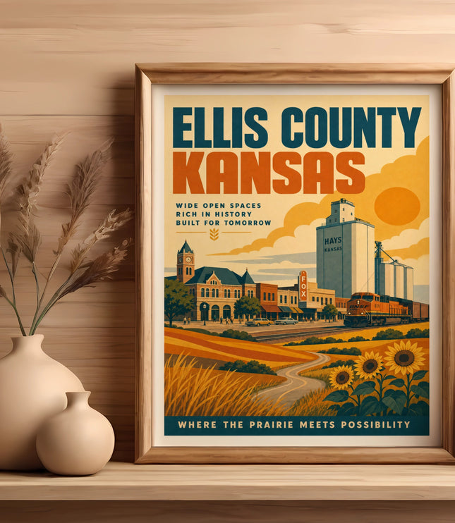 Ellis County, Kansas poster with wheat fields, grain silo, and text.