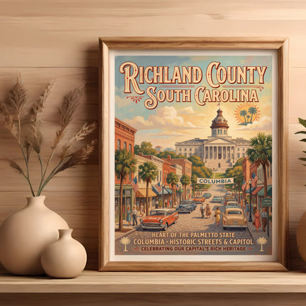 Richland County, South Carolina vintage travel poster featuring the capitol building.