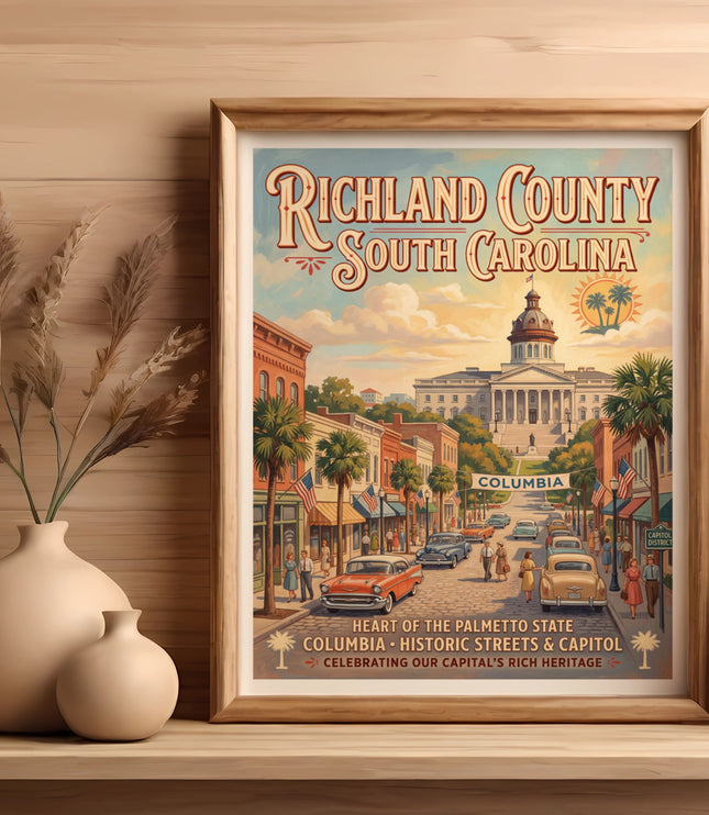 Richland County, South Carolina vintage travel poster featuring the capitol building.