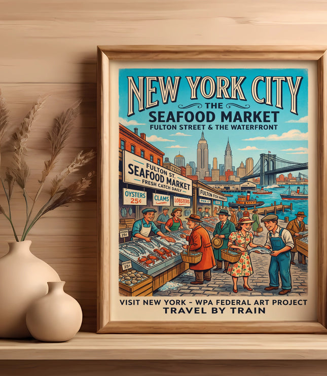 New York City Seafood Market vintage travel poster with city skyline and waterfront.