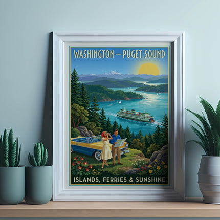 Retro poster of Washington's Puget Sound with a couple, classic car, and ferry.