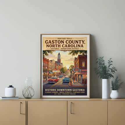 Gastonia, North Carolina vintage travel poster featuring downtown streets, diners, and cars.