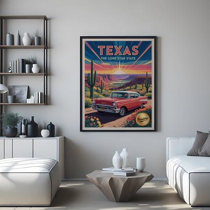 Vintage Texas The Lone Star State poster featuring a red car in a desert landscape.