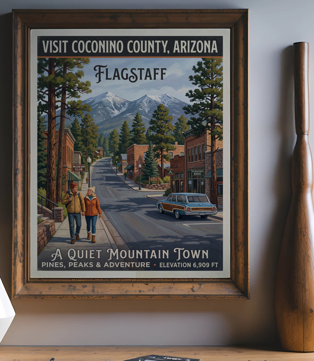 Vintage Flagstaff, Arizona travel poster with couple walking downtown.