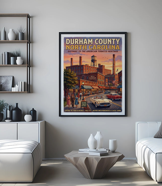 Durham County NC vintage poster with tobacco heritage and Bull Durham factory.