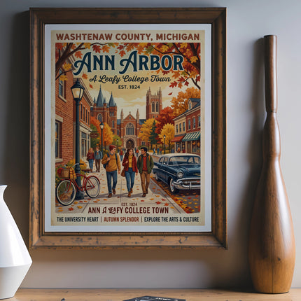 Ann Arbor, Michigan poster with students walking past buildings and a classic car.